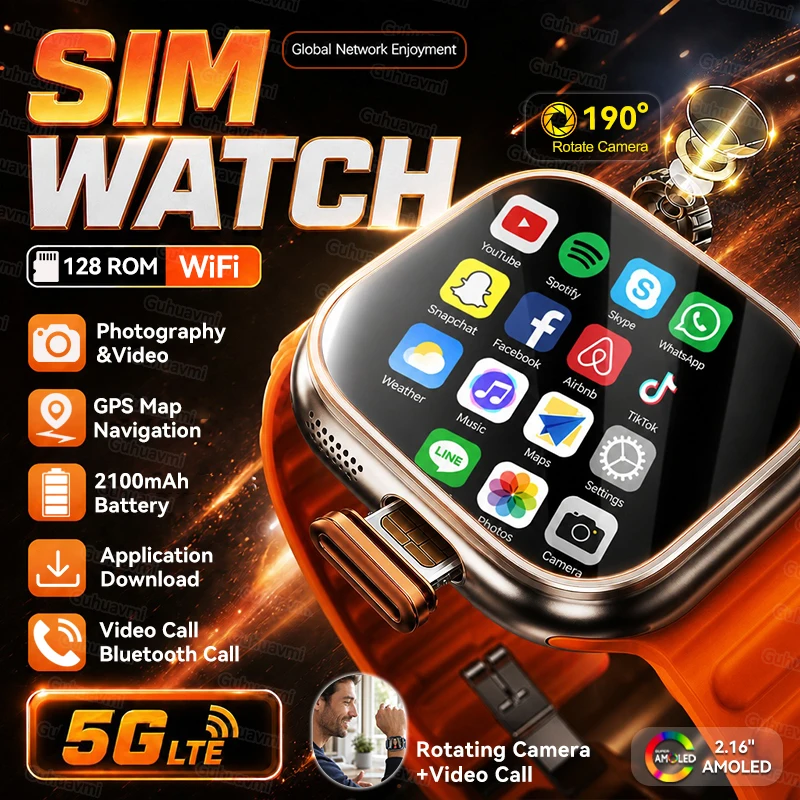 5G/4G Globally Universal SIM Smart Watch AMOLED Screen 190 ° Rotating Camera Video Call GPS 8+128GB Memory Smart Watch
