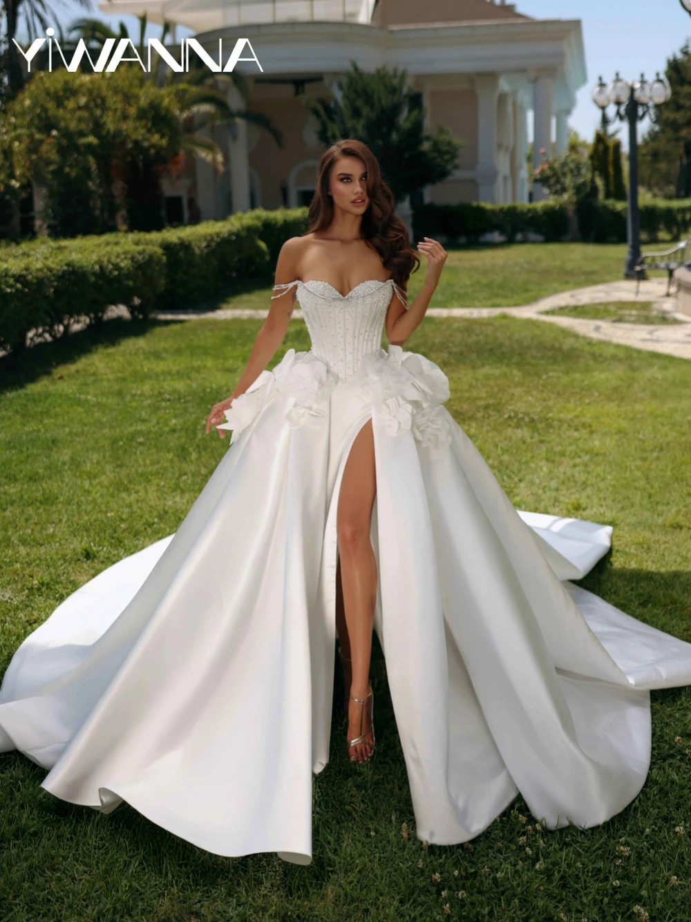 

Detachable Train Shiny Beaded Wedding Dress With 3D Flower Off Shoulder High Slit Bridal Gown Customized Ivory Dresses For Bride