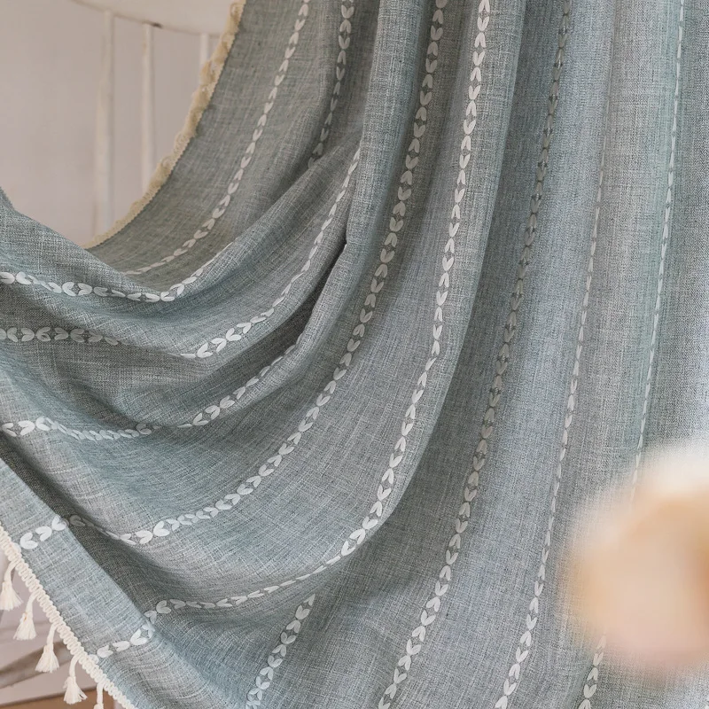 Cotton Linen Blending Curtains Road Pocket Shade Curtain Tassel for Kitchen Bedroom Living Room Bay Window Cabinet Curtain