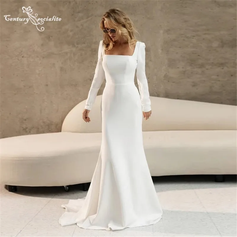 Civil Wedding Dresses Mermaid 2024 Long Sleeve Square Collar Soft Satin Simple Plain Bridal Gowns for Bride Customized