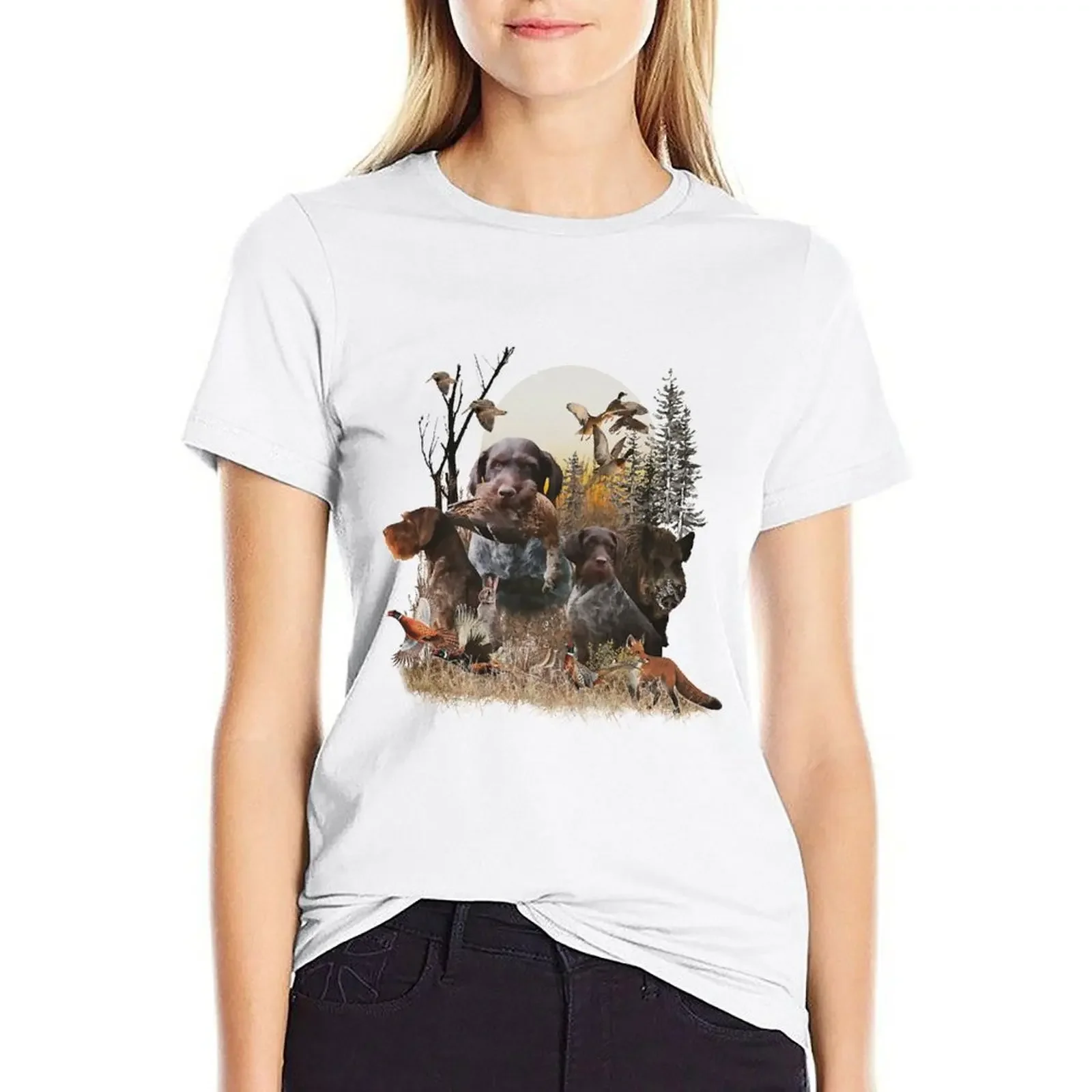 German Wirehaired Pointers , Always ready to hunt T-shirt Blouse graphics oversized Woman clothing