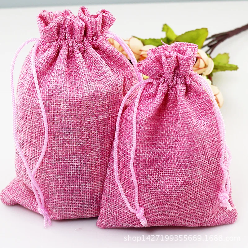 10pcs/Lot 7*9cm Red Khaki Linen bags Fabric Jute Drawstring bags Gift package bags Natural Burlap Bags with Nylon Drawstring
