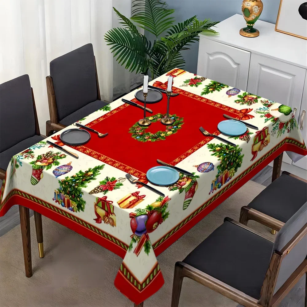 1Pc Christmas Style Tablecloth Red And White Wreath Gift Box Print Table Cover For Dining Room Kitchen Holiday Party Decoration