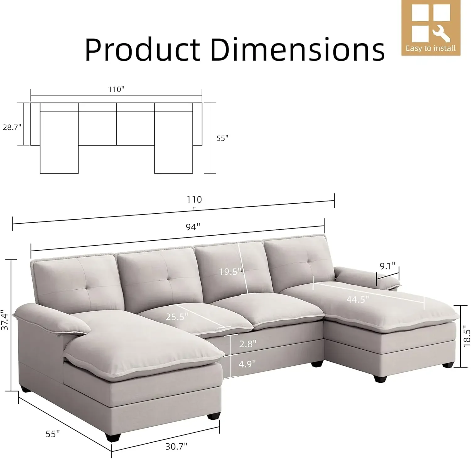 JAMFLY Sectional Couches for Living Room, U-Shaped Couch 4 Seat Sofas with Double Chaises, Modular Sectional Sofa