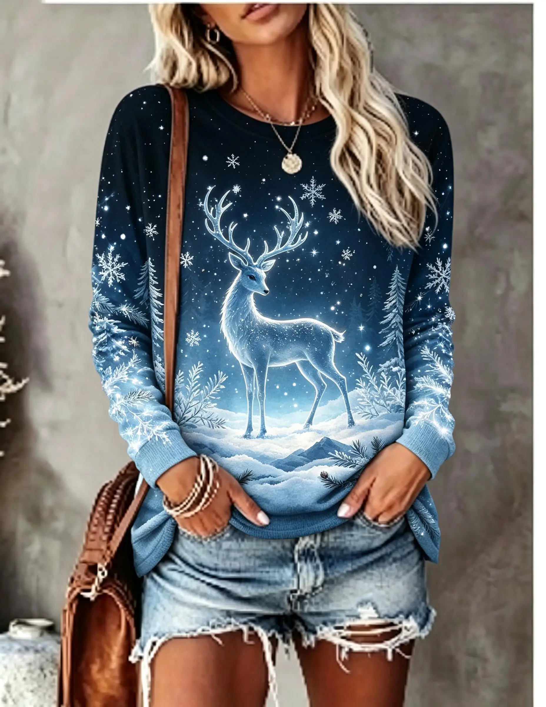 Women Christmas Long Sleeve T‑Shirt Winter Elk Snowflake Forest Scene Print Crew Neck Casual Tops