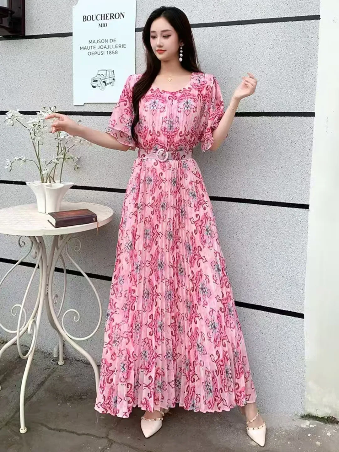 

New Summer Women Double Layered Flare Sleeve Belt Slim Long Dress High Quality Elegant Retro Floral Print Big Hem Pleated Dress