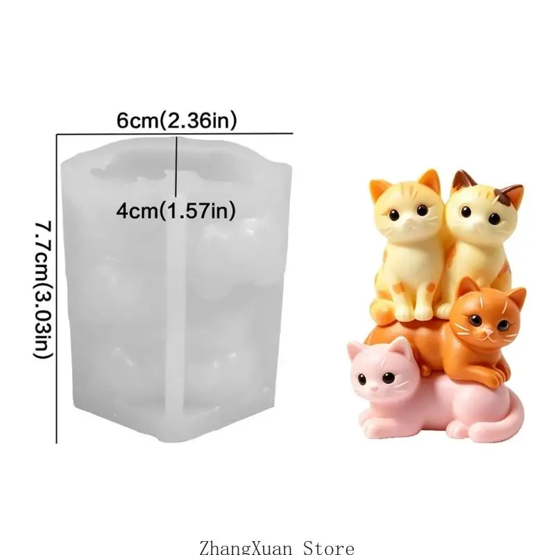 3D-Kerzenform aus Silikon mit vier geformten Katzen, Schichtdetail, flexibel, leicht zu lösen für duftendes Bastelprojekt 3XUF – Detail 6