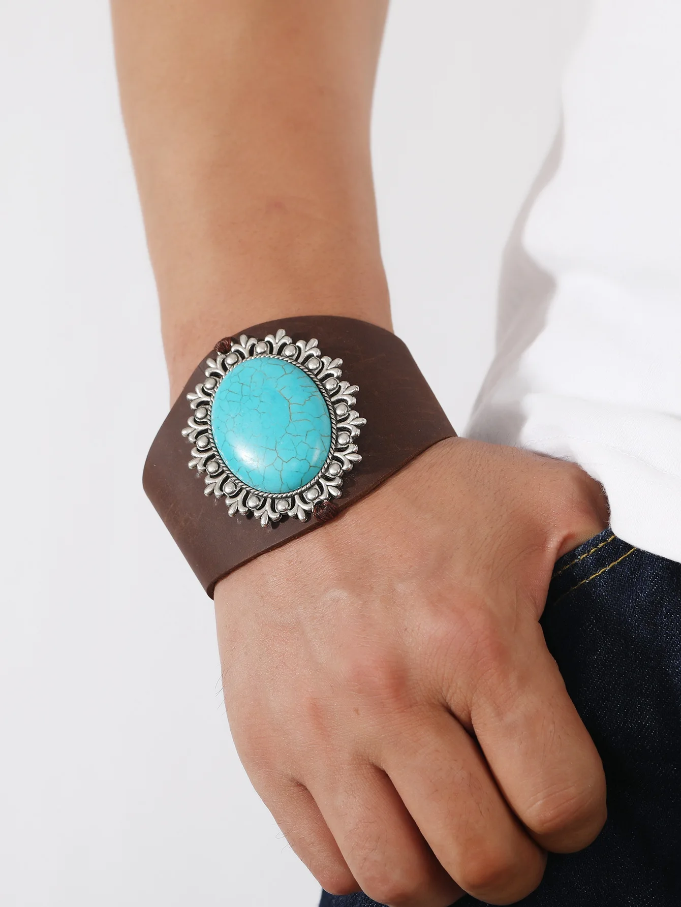 New fashion wide leather real cowhide retro men's and women's bracelet turquoise check pattern couple bracelet jewelry