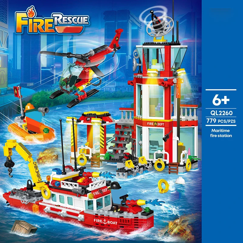 City Marine Fire Station Boat Building Blocks Rescue At Sea Yacht Life Buoy Helicopter Figures Brick Toys Gift For Kid Boy Adult