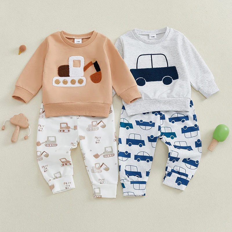 3M-3Y Baby Boy Fall Outfit Car Embroidery Long Sleeve Pullover Sweatshirt Tops + Elastic Waist Pants 2 Piece Set