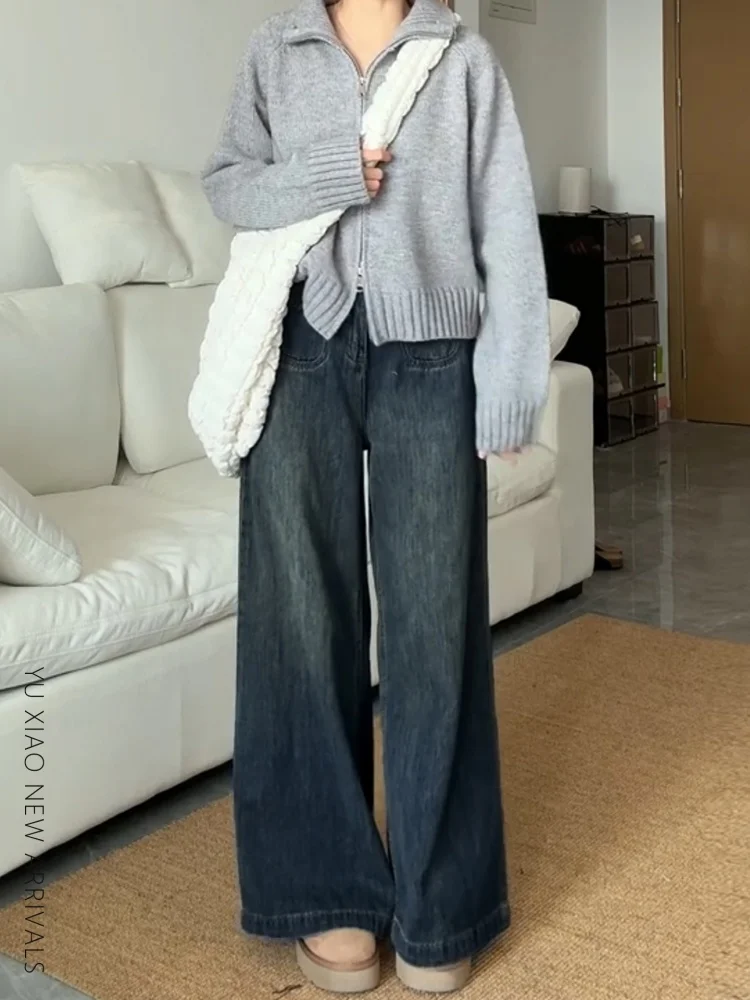 الرجعية عالية الخصر فضفاضة تناسب مستقيم الساق الجينز المرأة الخريف جديد Sle حجم كبير الكمثرى aped الجسم التخسيس بنطال ذو قصة أرجل واسعة