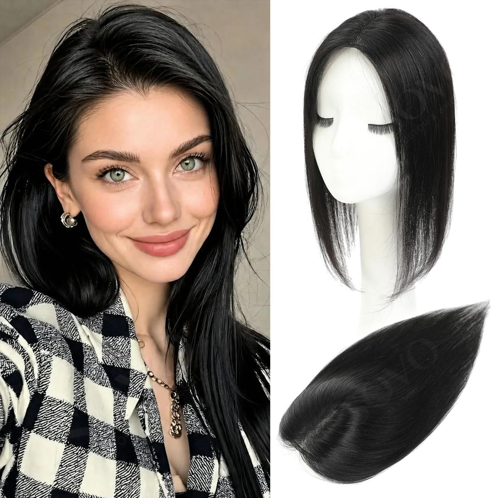 9x14cm Human Hair Toppers for Thinning Hair Dark Brown Clip in Hairpieces Human Hair Top of Head Fluffy Without Bangs