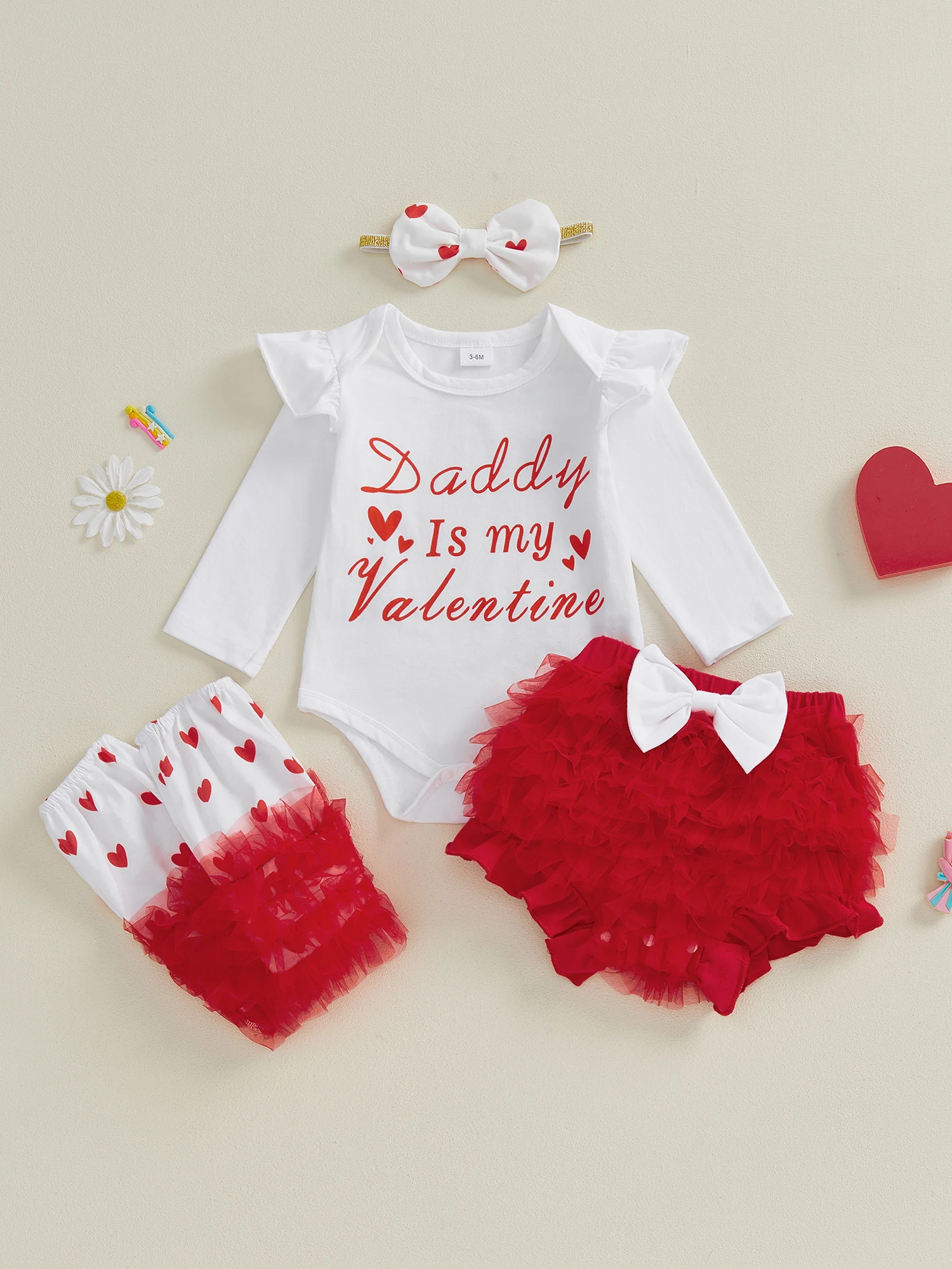 

Valentine s Day Baby Girls Outfit Set with Long Sleeve Romper PP Shorts Headband and Leg Warmers - Letter Print Design