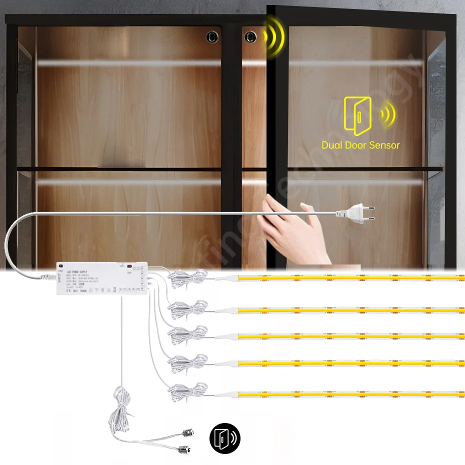 

Двойной датчик двери COB Светодиодная лента Комплект светильников 24 В для освещения под шкафом Витрина для шкафа Книжная полка AU EU US UK Вилка на выбор