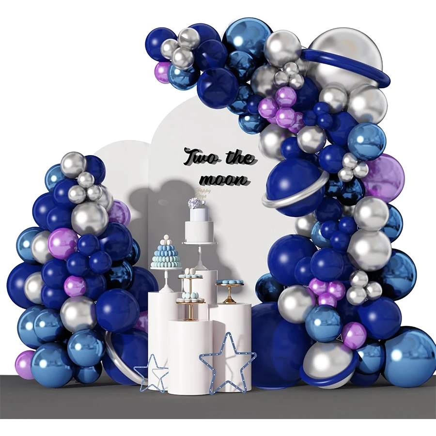 A Set of 113 Space Theme Balloon Garland Arch Set - Outer Space Birthday Decoration, Metallic Blue Purple Silver Latex Balloons, Suitable for Space Theme Birthday Party Decoration Supplies