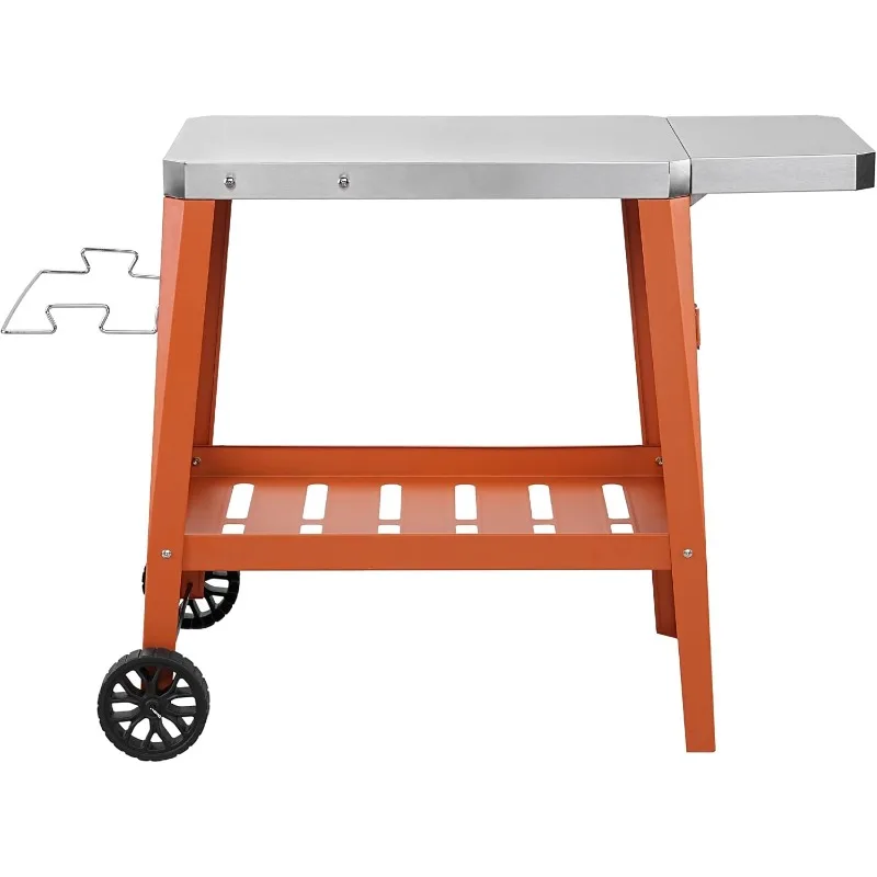 Carrinho de mesa para grelhar ao ar livre, mesa para forno de pizza com rodas, bancada de aço inoxidável com mesa de extensão dobrável