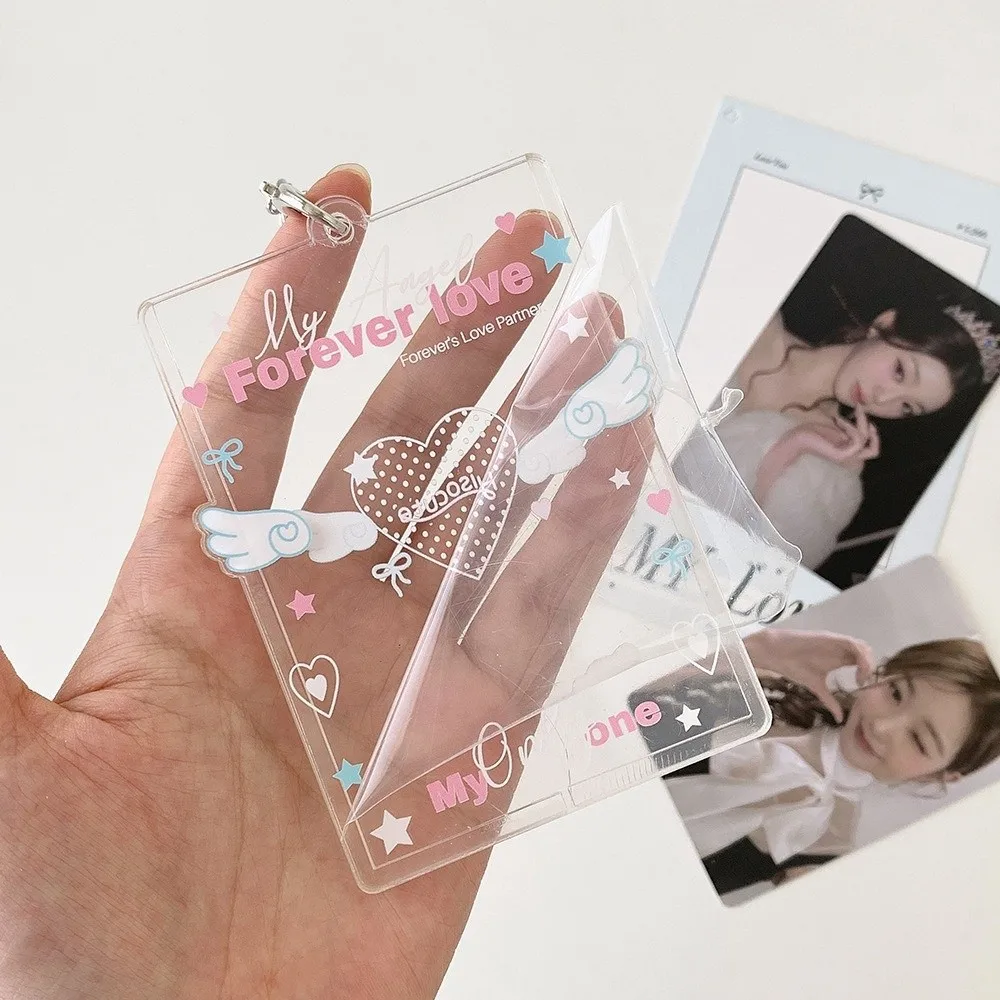 Acrylic Kpop Photocard Holder Keychain 3 Inch Wings Heart Idol Card Display Protector Transparent Cartoon Card Holder