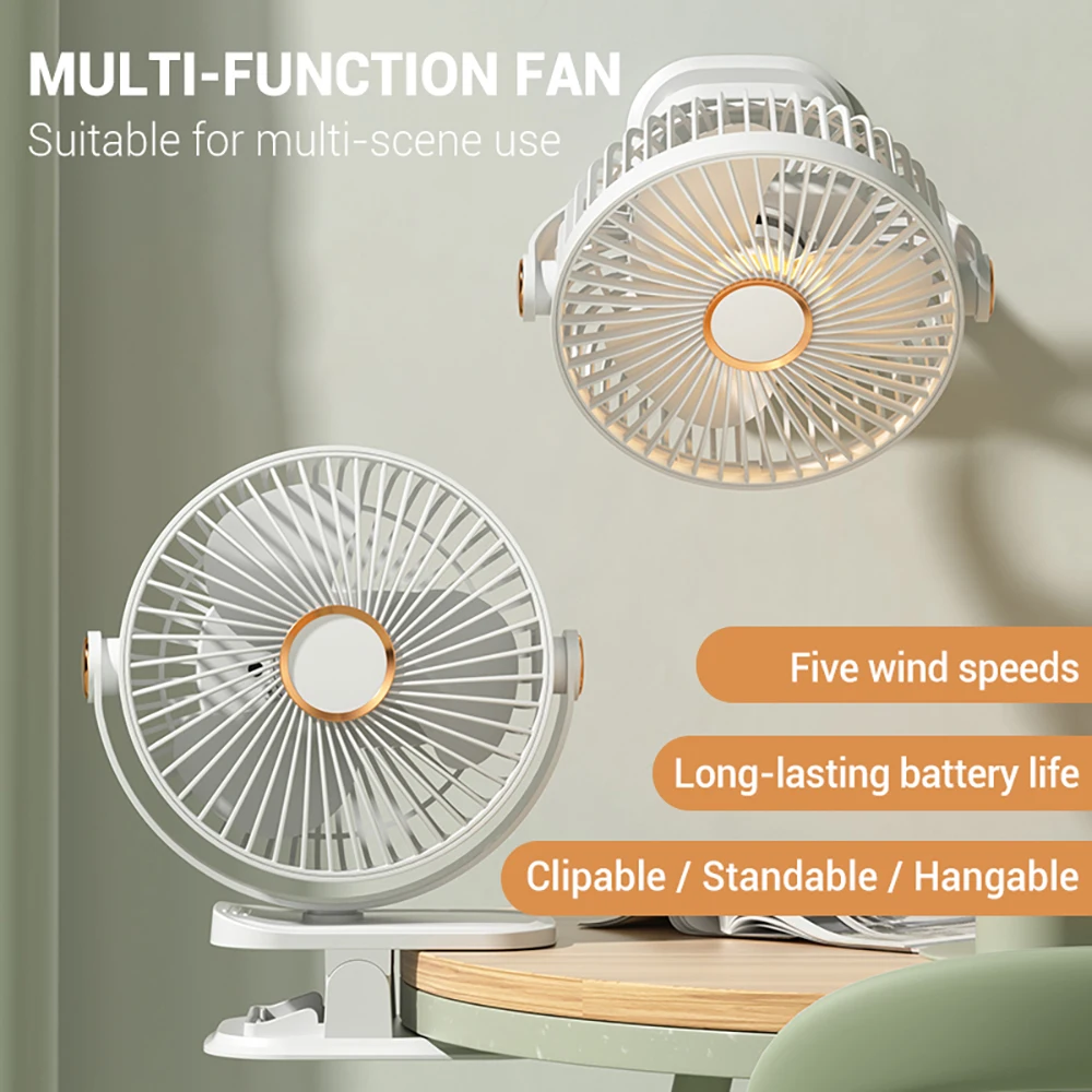 مروحة بمشبك USB محمولة قابلة لإعادة الشحن مع 5 سرعات للرياح و3 أوضاع وإضاءة LED ومروحة كهربائية لاسلكية منخفضة الضوضاء للتخييم على سطح المكتب