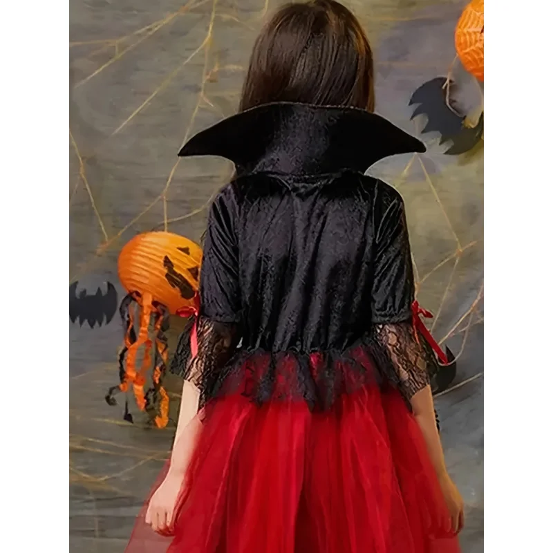 Готическое праздничное платье вампира для девочек — элегантный красно-черный кружевной костюм с воротником-стойкой, тюлевой юбкой и контрастной кружевной отделкой, Хэллоуин