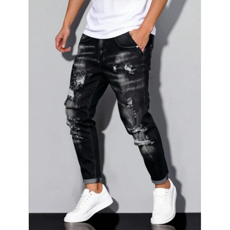 European American Plus Size Mens Jeans High Street Stretch Ripped Long Pants Casual Denim Trousers