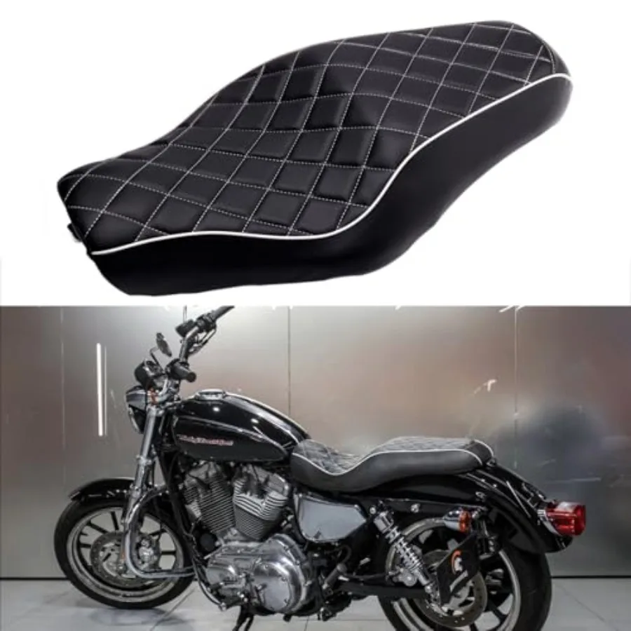 

Black Motorcycle Front Driver Rear Passenger Two Up Leather Seat Cushion Compatible with Harley Davidson Sportster Iron 883 Sup
