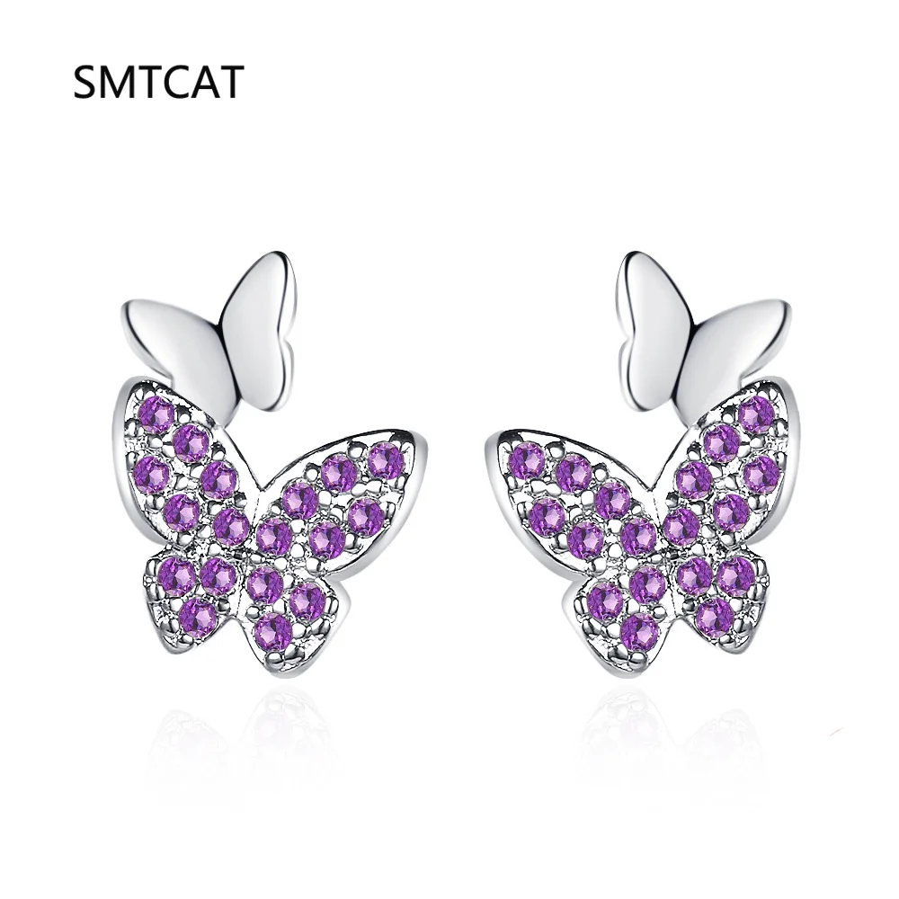 

Natural Purple Amethyst 925 Sterling Silver Double Butterfly Stud Earring for Women Statement Gemstone Jewelry Brincos de Prata