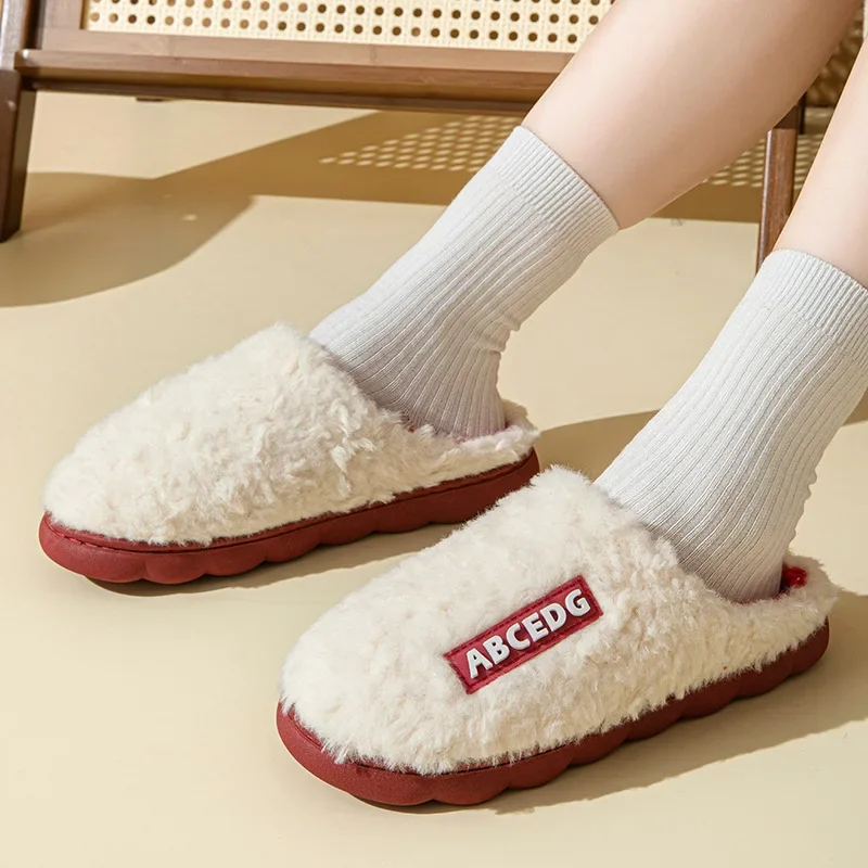 Couple's Thick Sole Warm Cotton Slippers Women Winter Plush Household Shoes Woman Plus Size 36-45 Fleece-Lined Non-Slip Slippers