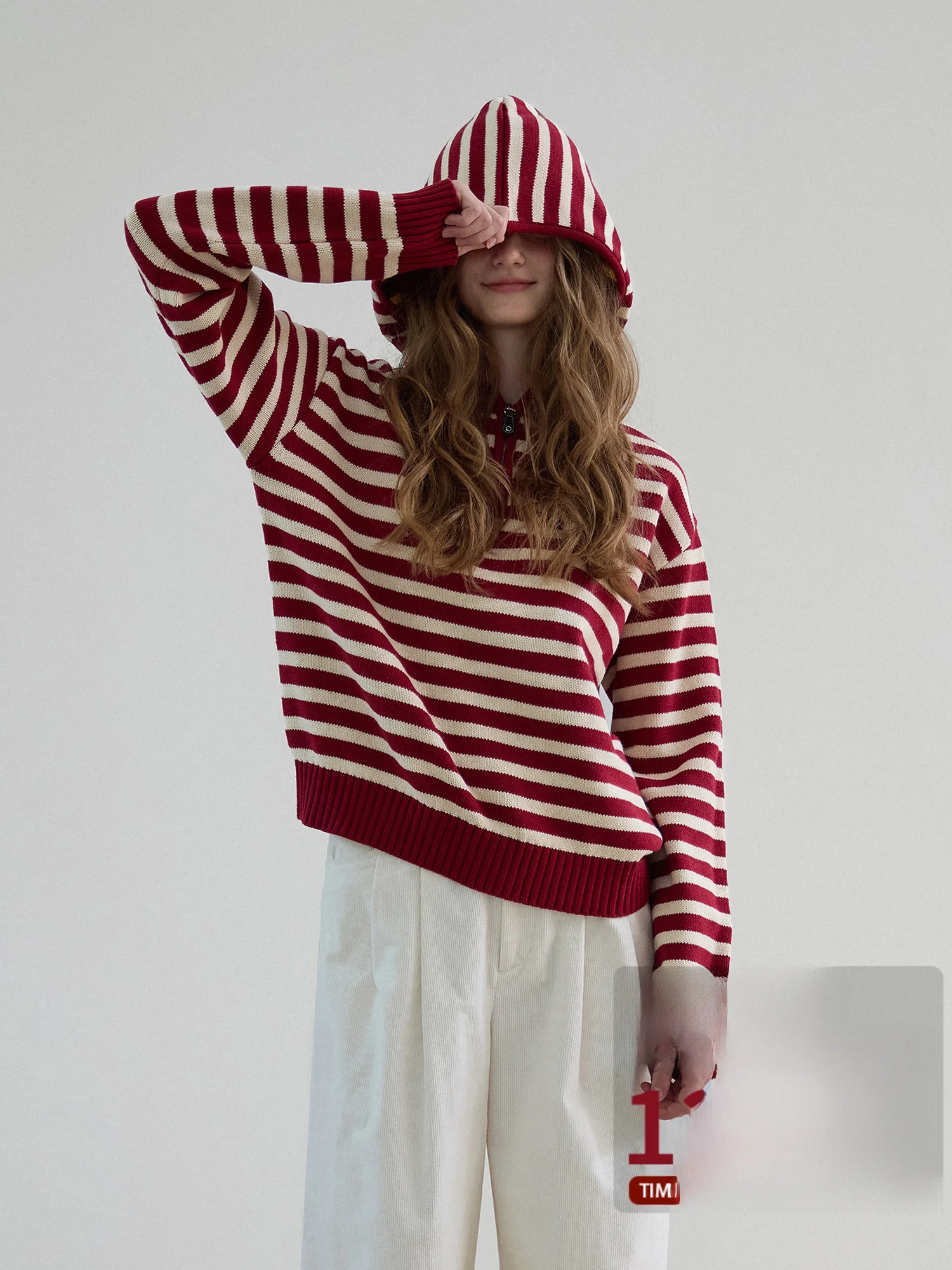 

Женский вязаный свитер в скандинавском ретро-стиле с полосками, открытым воротником, молнией и капюшоном, из смесового хлопка, с длинными рукавами, для повседневной носки