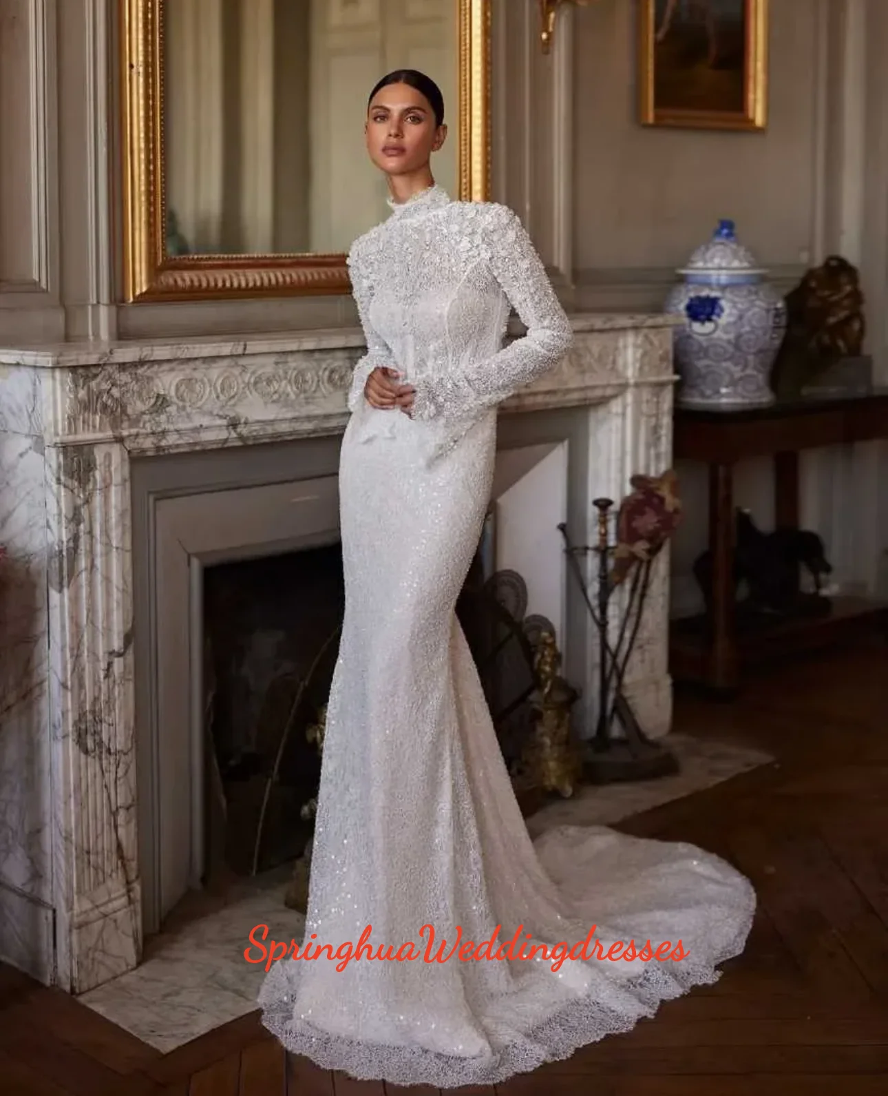 

Customized High Neck Mermaid Wedding Dresses Appliques Flowers Bride Dresses Lace Backless Long Sleeves Vestidos de novia