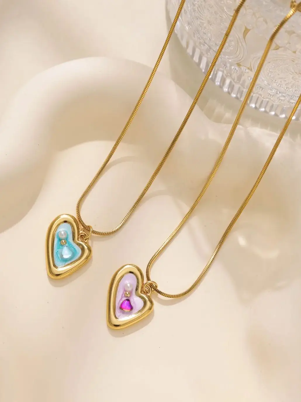 Personalized enamel pearl heart-shaped love exquisite 18K gold stainless steel pendant necklace clavicle girl party jewelry gift