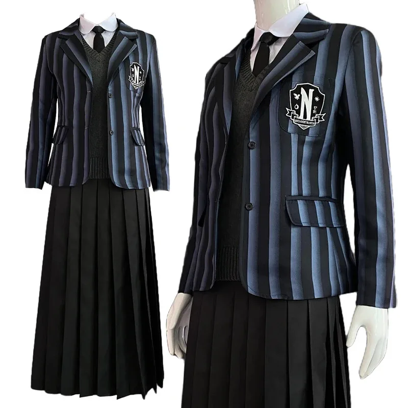 

HOLOUN Cosplay Costume Wig Nevermore School Uniform Dress Sweater Embroidery Logo Suit Rose Net Sythetic Fiber