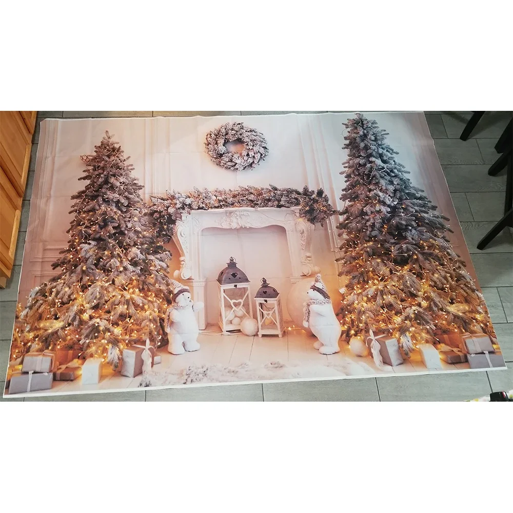 Winter Christmas Tree Fireplace Photography Background Wreath Gift Decoration Backdrops for Photo Studio Backdrop Photocall image 2