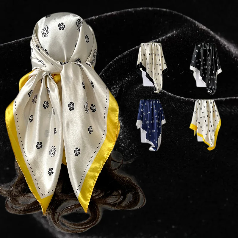 90x90cm Luxury Satin Square Scarf Women's Classic Small Floral Print Headscarf Contrast Color Border Turban Wrap