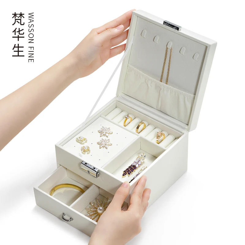 New double-layer jewelry storage box portable gold necklace ring earrings jewelry box high-end jewelry box