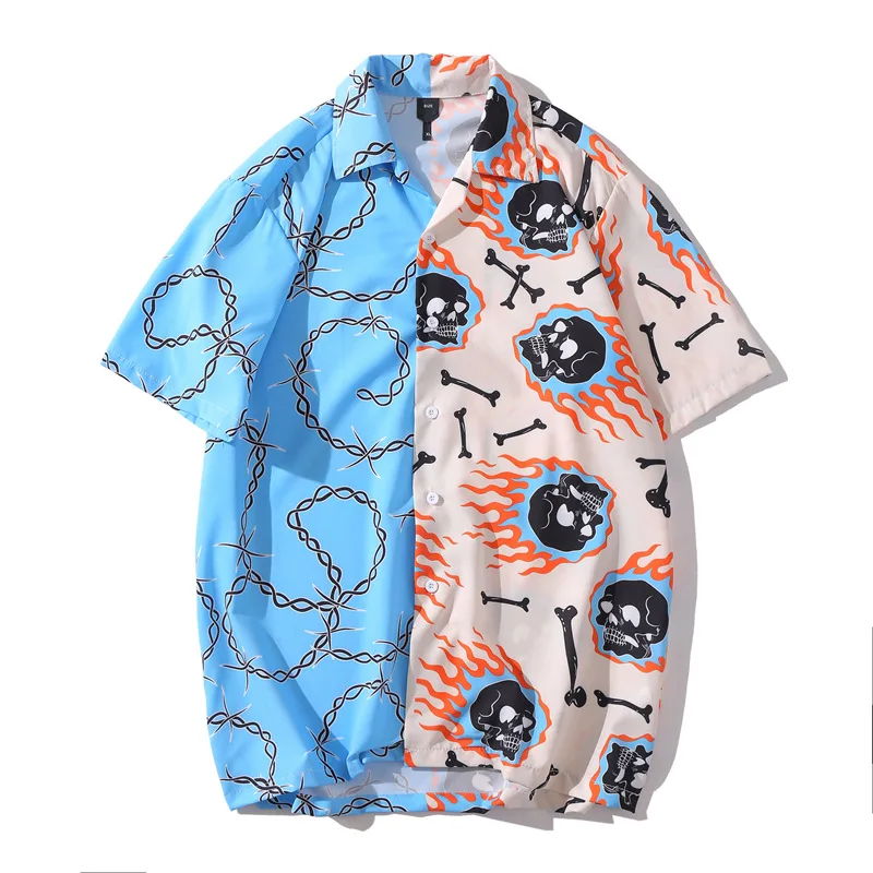 Fahion Men Patchwork Vintage Short Sleeve Hawaii Shirt Mens Casual Skull Striped Printed Beach Shirts Camisa Hawaiana Hombre