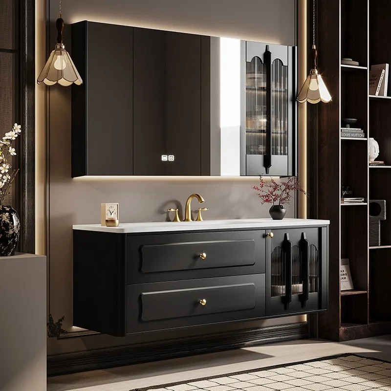 

French retro rock slab hot bending integrated basin bathroom cabinet combination modern American washbasin washbasin oak bathroo