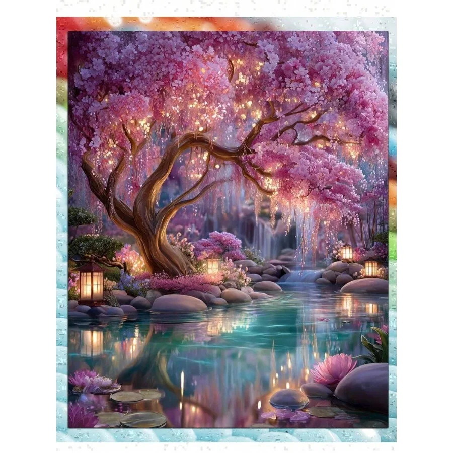 

Pink Flowers Tree Landscape Diamond Art Painting Kits 5D Diamond Full Round Drill DIY Diamond Art Kits For Adults Gem Art Paint