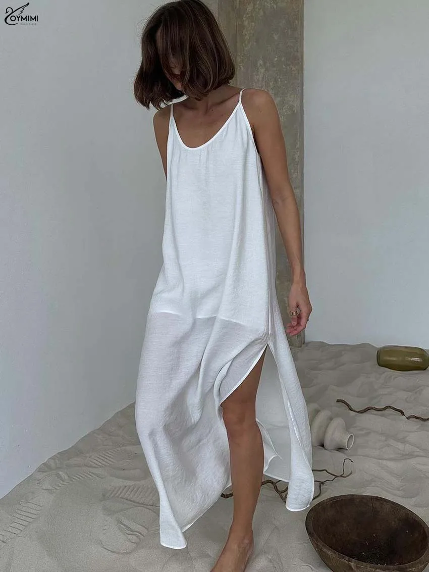 

Oymimi Casual White Loose Women's Dress Summer Spaghetti Strap Open Back Dresses Fashion Side Slit Ankle-Length Dresses Female