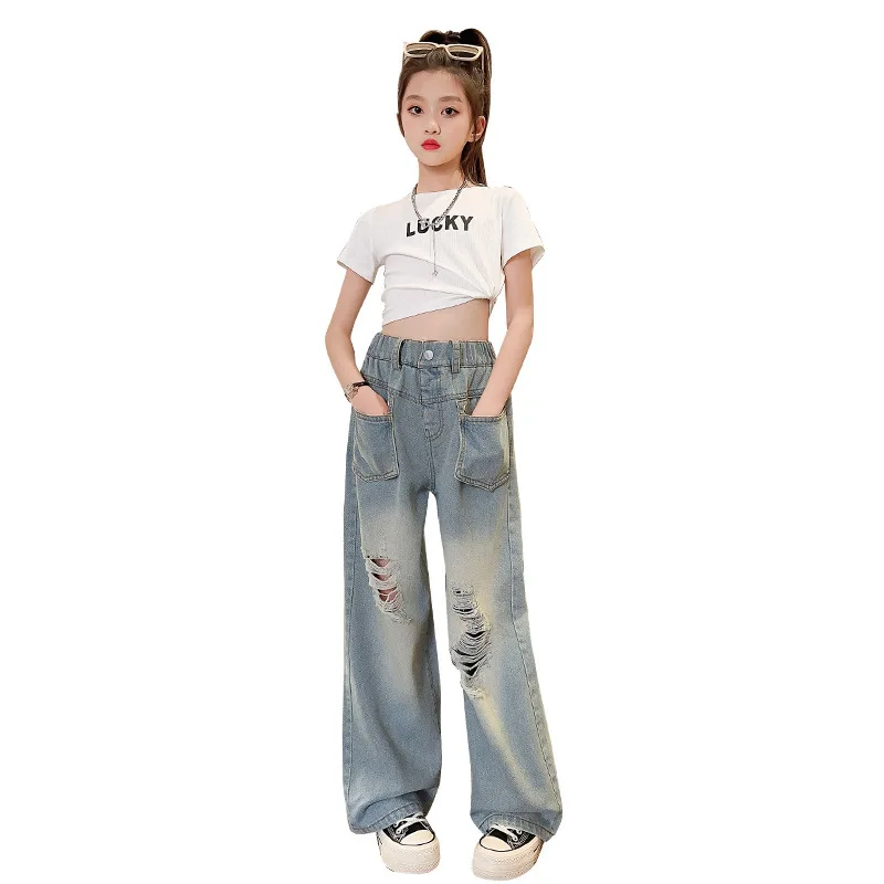 Girls Vintage Ripped Jeans for Fashion High Waist 2024 Spring Autumn Broken Hole Wide Leg Pants Kids Teen Denim Trousers 5-14Yrs