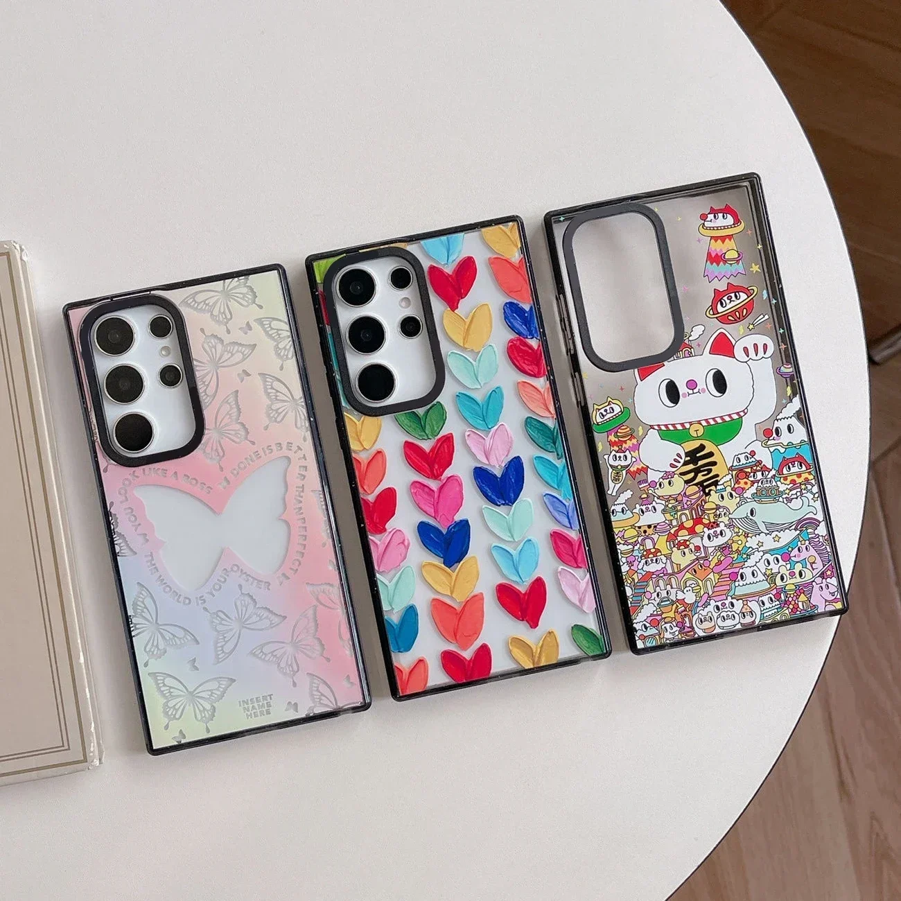 

Colorful Hearts Cat Acrylic Black Border Case for Samsung Galaxy S22 S23 S24 Ultra S22+ S23+ S24 Plus Cover Protective Shell