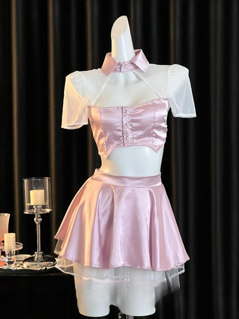 

Сексуальная соблазнительная розовая униформа девушки Pure Desire Academy в стиле K-Pop Idol, прозрачное платье с открытой спиной для женщин, модное, молодежное и