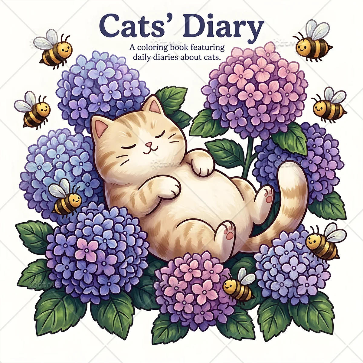 Cats' Diary Coloring Book, Cute Kitten Daily Life Hydrangea Bee Scenes, Stress Relief Relaxing Art Drawing Book for Adults