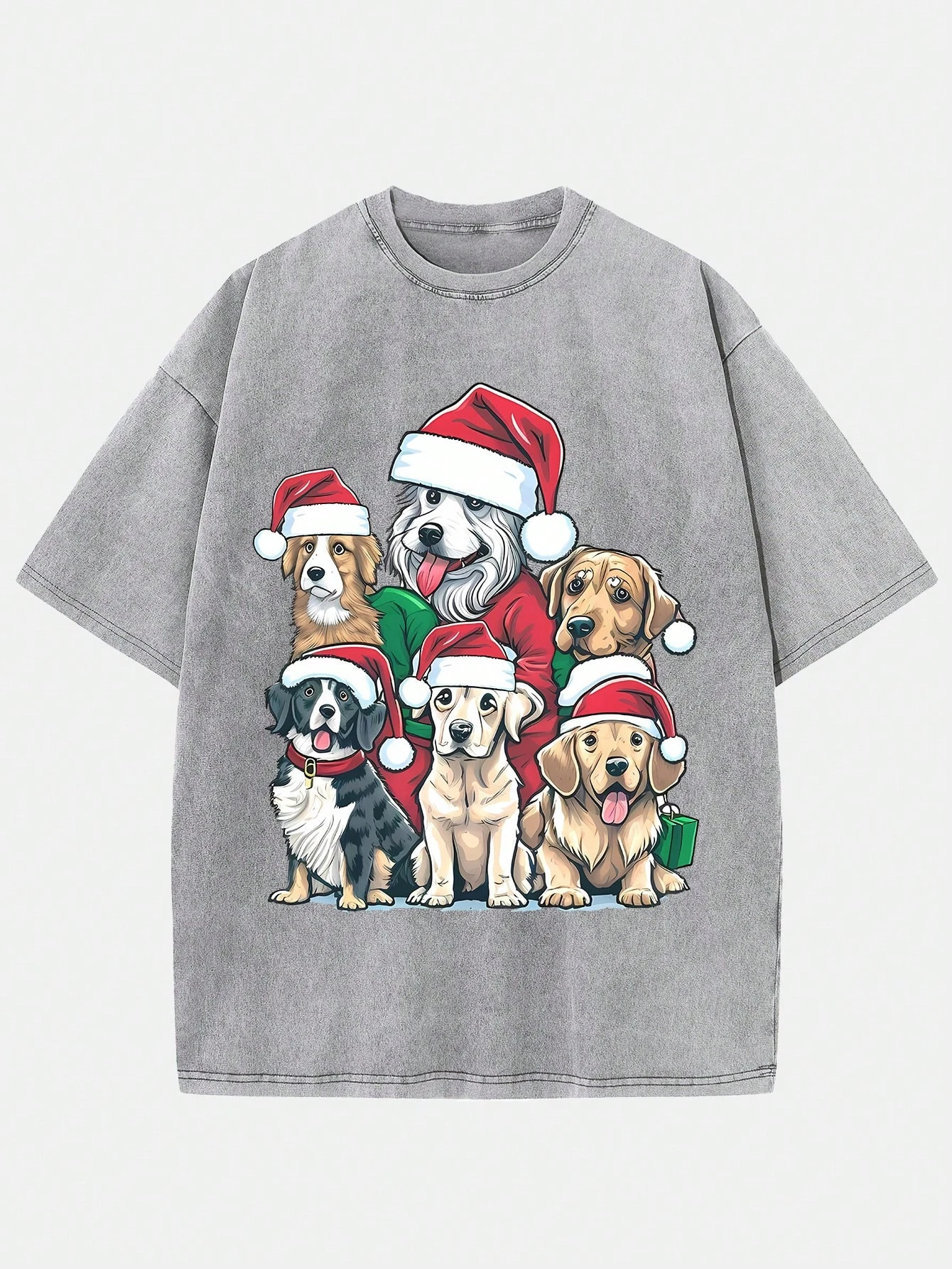 

Шляпа Санта-Клауса, футболка с рисунком собак, Рождественский костюм, уличная одежда в стиле ретро в стиле хип-хоп, одежда унисекс для пар, женские и мужские футболки, одежда Y2k