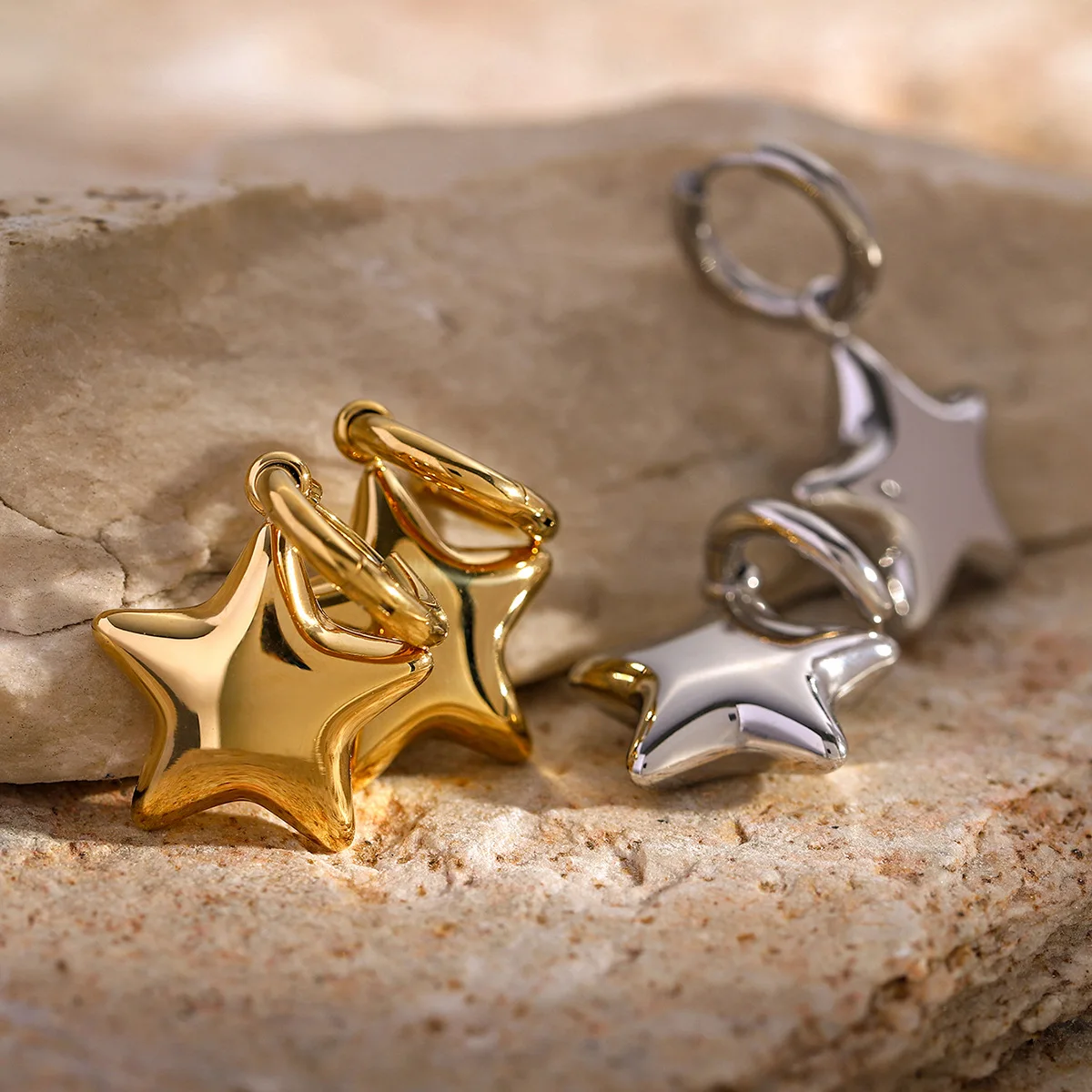 3D Puffed Star Charm Hoop Earrings 18K Gold Plated Stainless Steel Waterproof Huggie Daily Office Stacking Jewelry Women