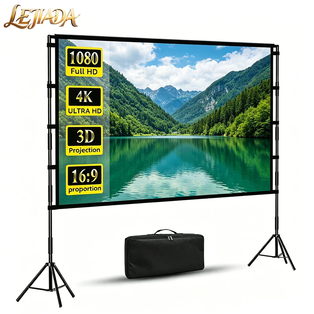 

LEJIADA New 60-120 inch Floor-Standing Metal Double Tripod Bracket Fold Anti-wrinkle Anti-light Portable 16:9 Projection Screen
