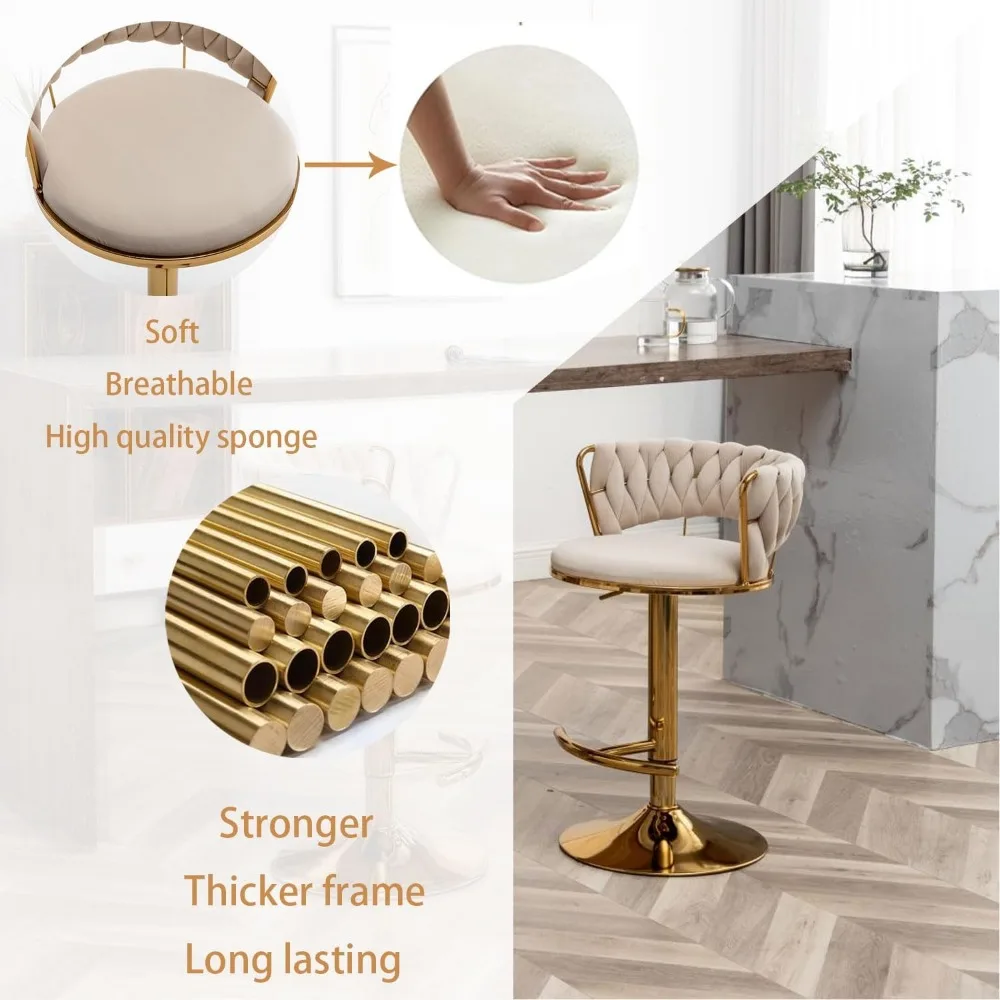 Gold Velvet Bar Stools Set of 4, Counter Height Bar Stools with Low Back, Swivel  Stool for Kitchen Island, Bar Pub (Beige) image 4
