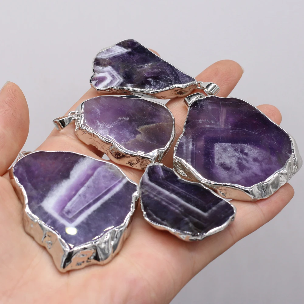 Natural Stone Amethyst Pendants Plating Silvery Irregular Charms For Jewelry Making DIY Bracelets Handmade Necklaces