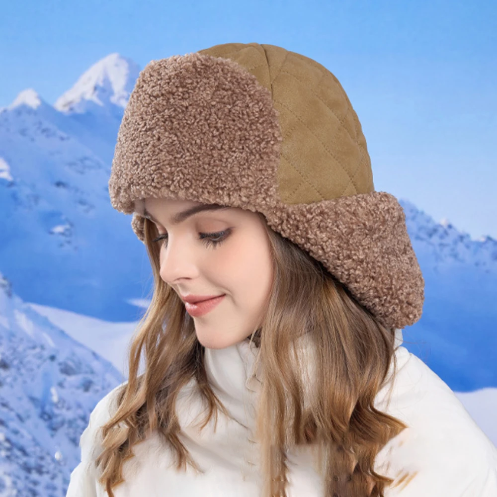 HT4500 Bomber Hat Thick Warm Berber Fleece Winter Hats for Women Female Snow Ski Trapper Earflap Cap Ladies Riding Russian Hat