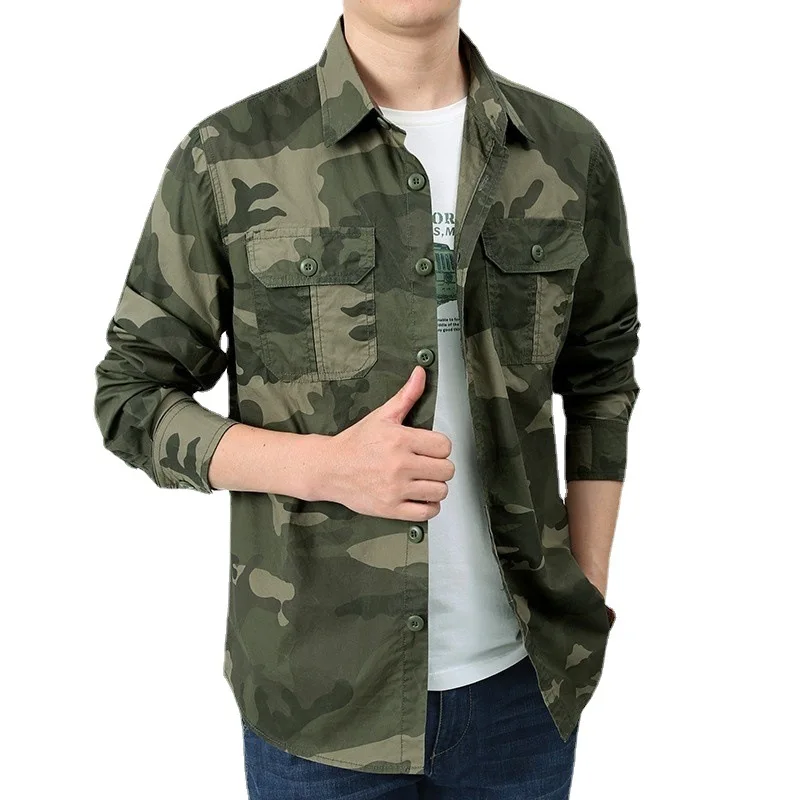 2025 Men\'s Autumn Cotton Shirt Long Sleeve Tooling Loose Outdoor Casual Camouflage Shirt