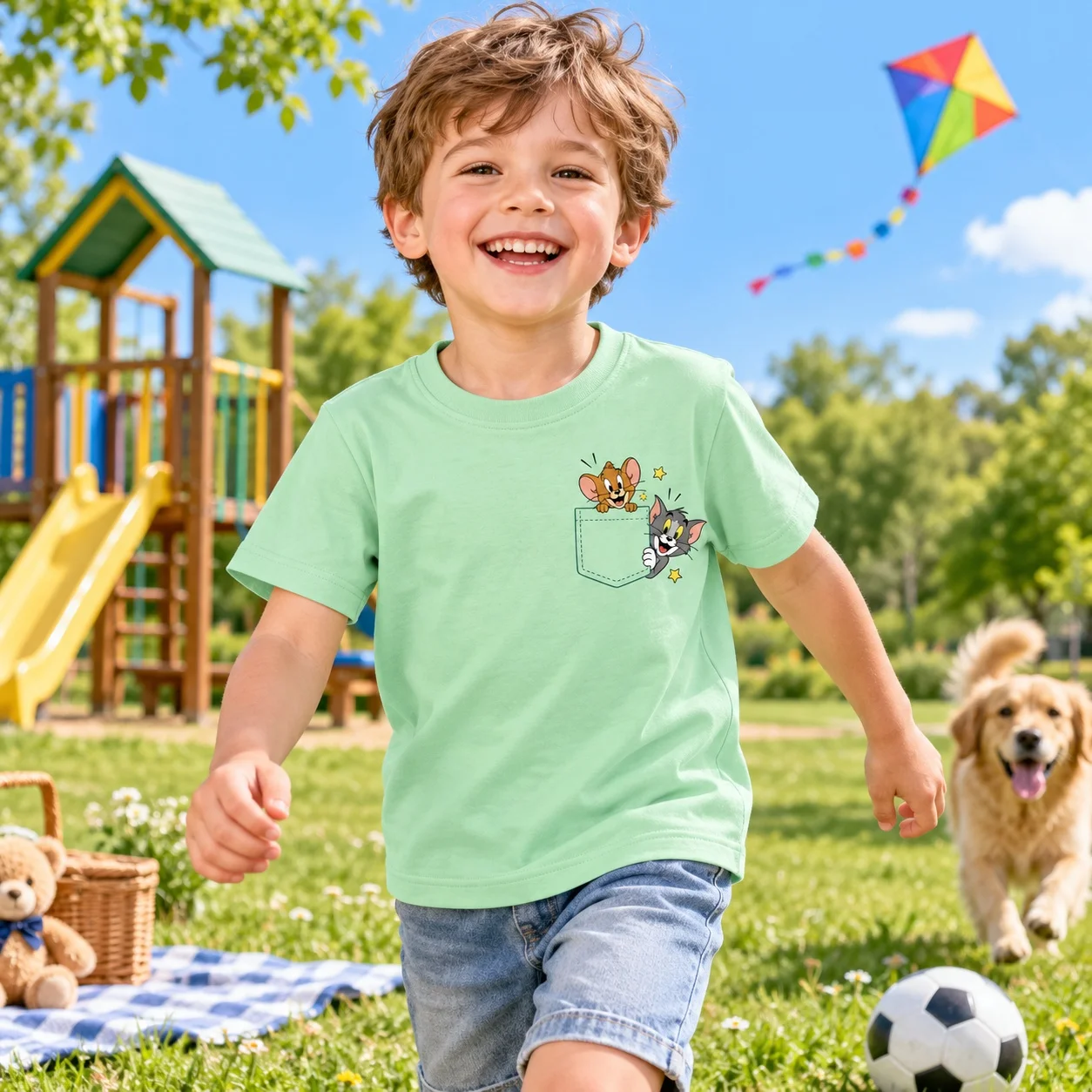 Kids Cartoon Cat Mouse T Shirt Unisex Children Short Sleeve Tee Cute Pocket Graphic Top Boys Girls Summer Casual Clothing